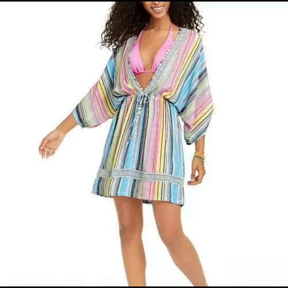 Dotti Blue Swim Cover-Up Womens Plus Size M Stripe Tunic Pink Yellow Low V-Neck